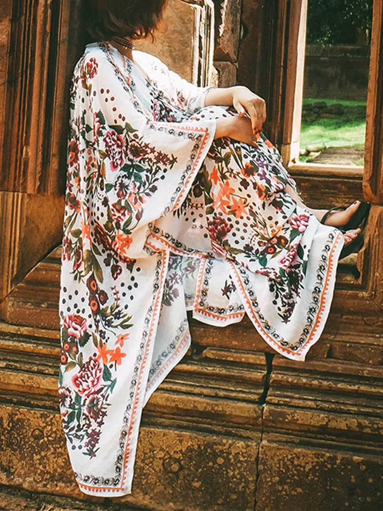 Beachwear Mid Length Floral Print Multicolor Chiffon Gown Kimono Duster Robe