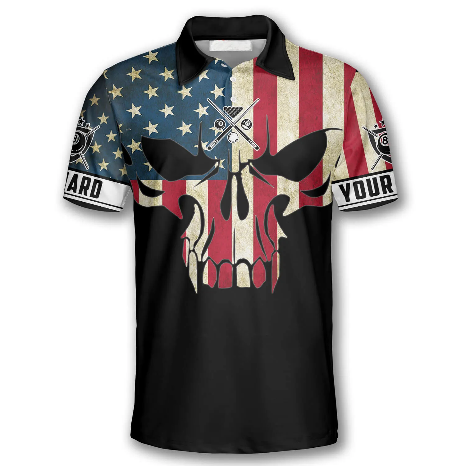 Billiard Retro Skull American Flag Custom Billiard Shirts for Men, American Billiard Shirt