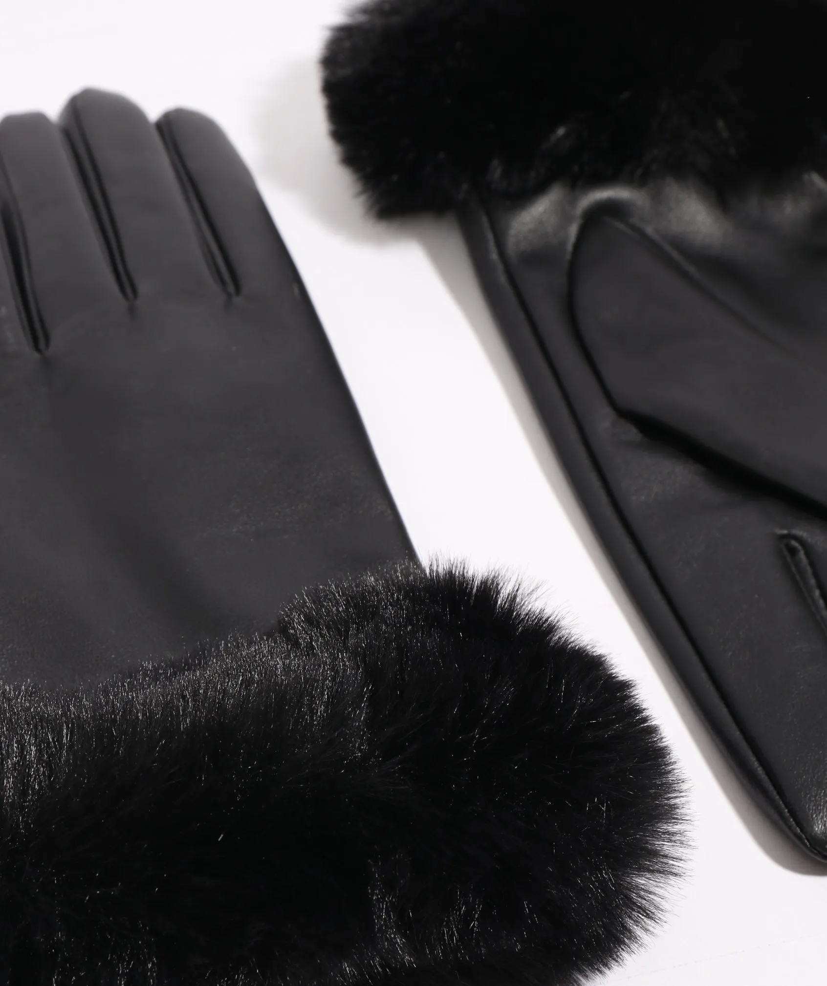 Black Leather Gloves with Faux Fur Cuff and Cosy Lining