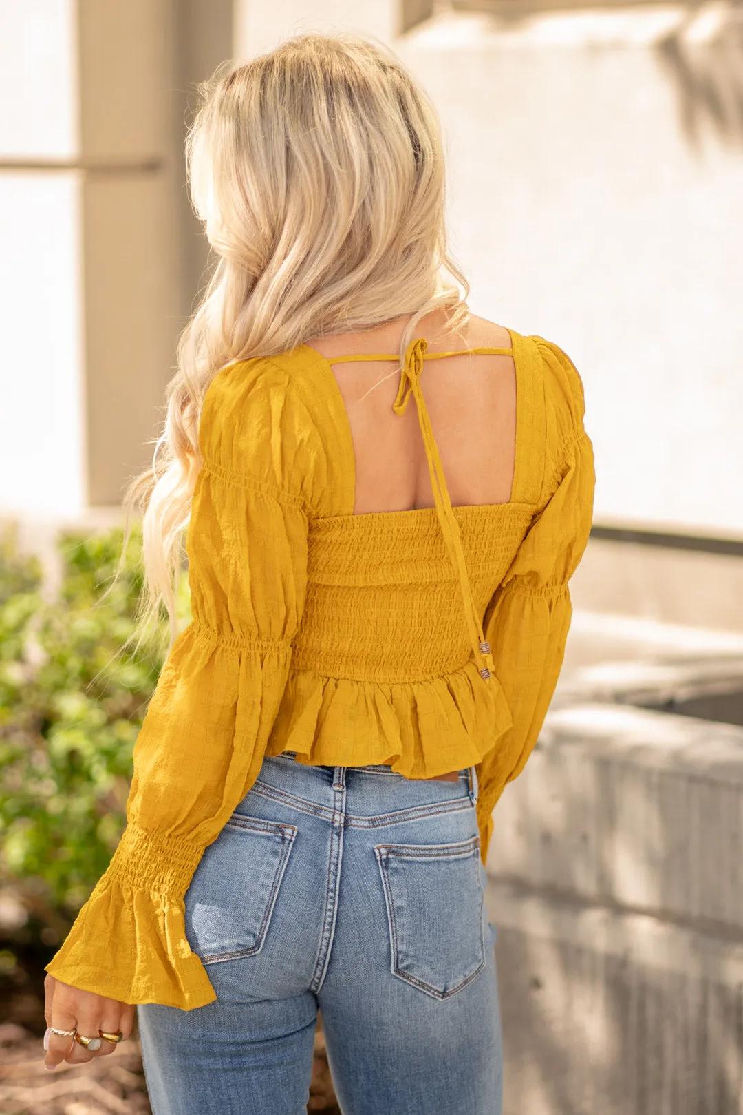 Boho Shirred Smocked Peplum Long Sleeve Top