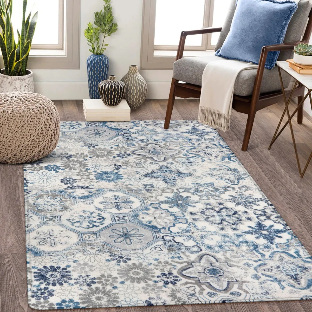 Daphne Small Boho Colorful Floral Medallion Blue/Grey Area Rug