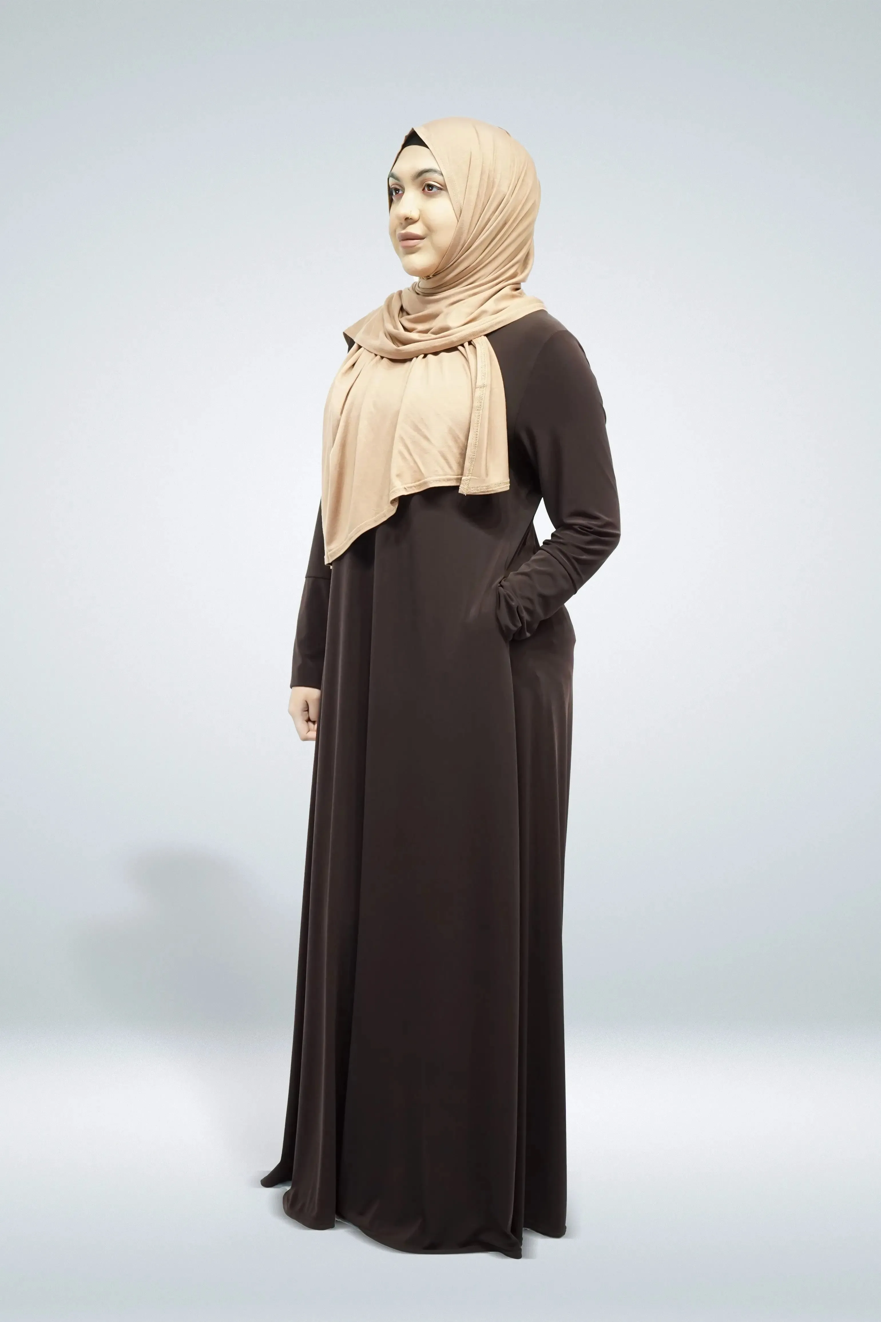 Dark Brown Plain Jersey Abaya With Pocket