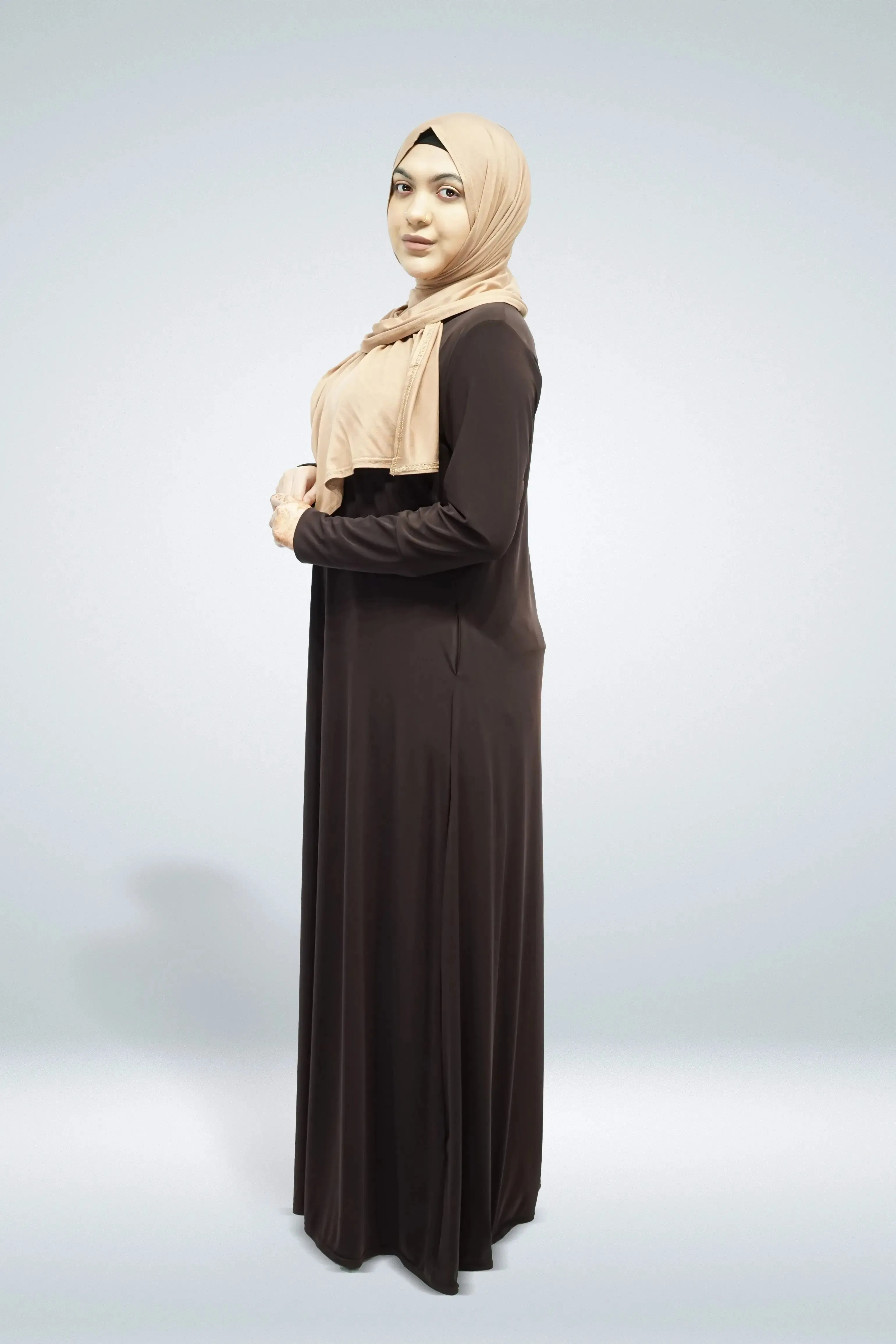 Dark Brown Plain Jersey Abaya With Pocket