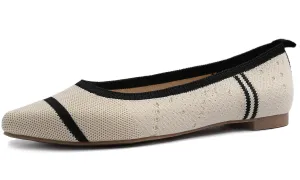 Feversole Women's Woven Fashion Breathable Knit Flat Shoes Pointed Beige Black Stripe