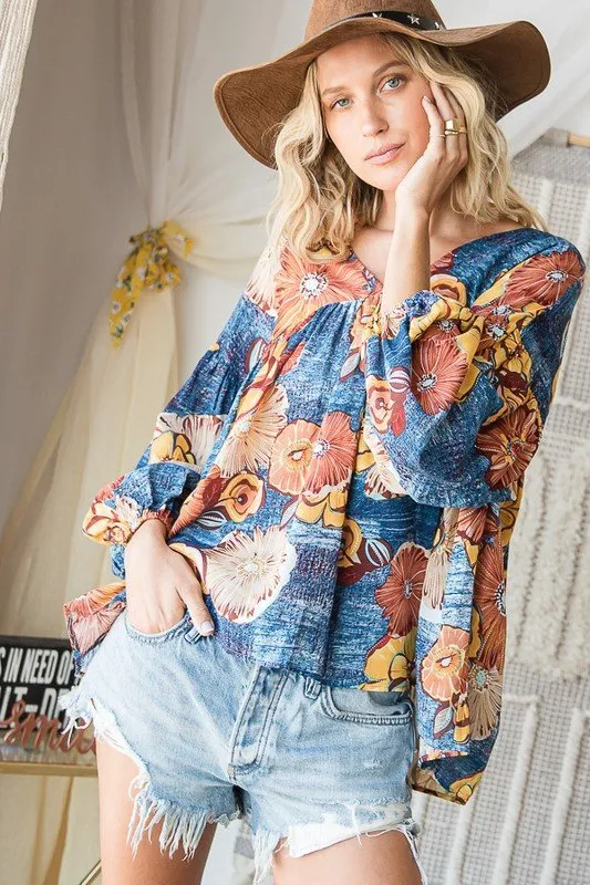 Floral Print Puff Sleeve Collared Flowy Babydoll Top