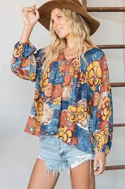 Floral Print Puff Sleeve Collared Flowy Babydoll Top