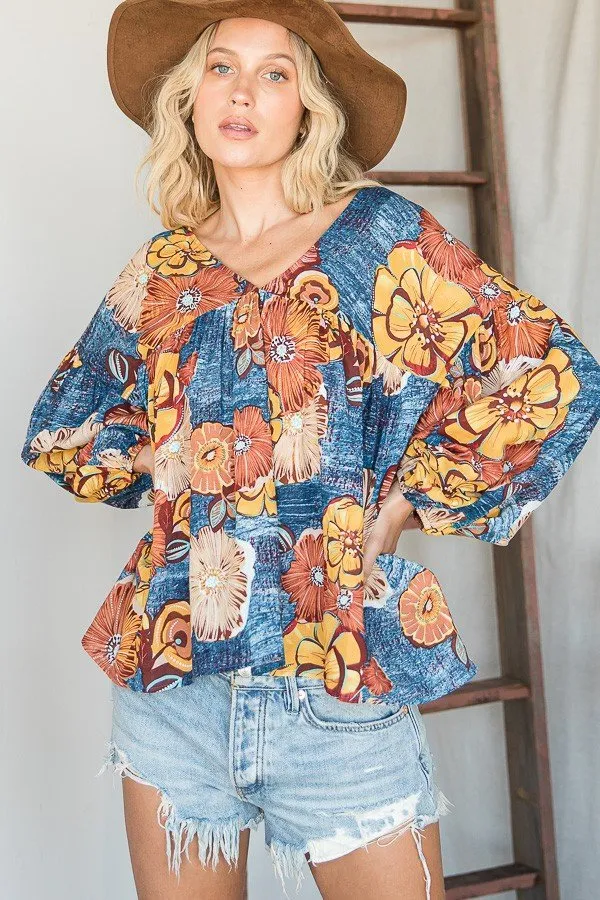 Floral Print Puff Sleeve Collared Flowy Babydoll Top