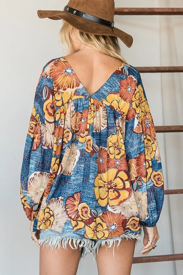 Floral Print Puff Sleeve Collared Flowy Babydoll Top