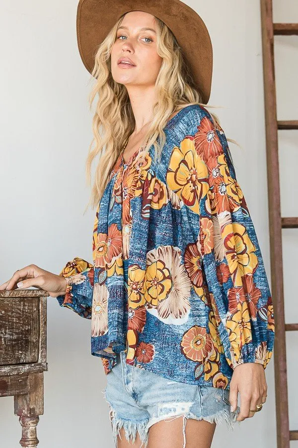 Floral Print Puff Sleeve Collared Flowy Babydoll Top