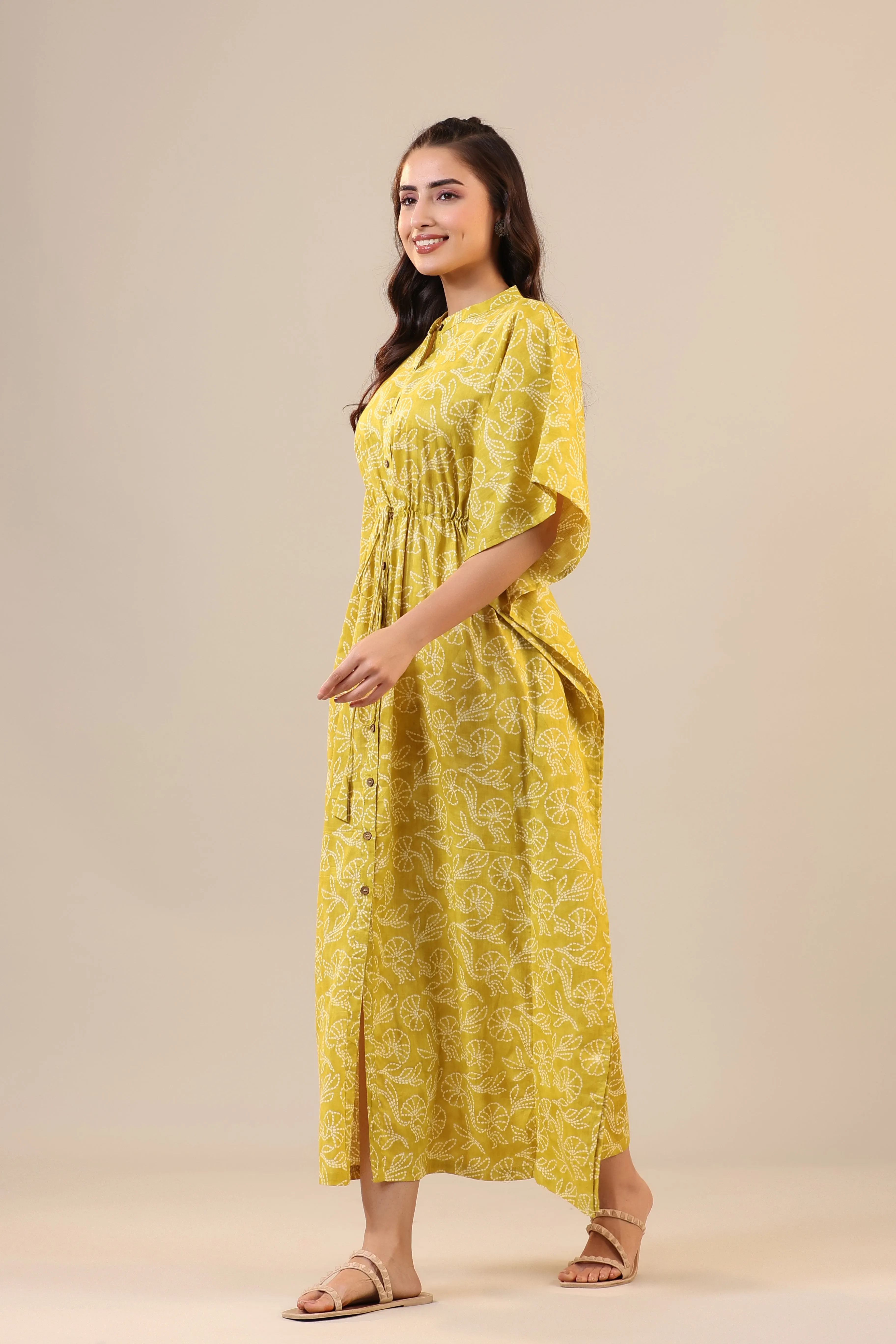 Floral Shibori on Yellow Front Buttoned Cotton Kaftan