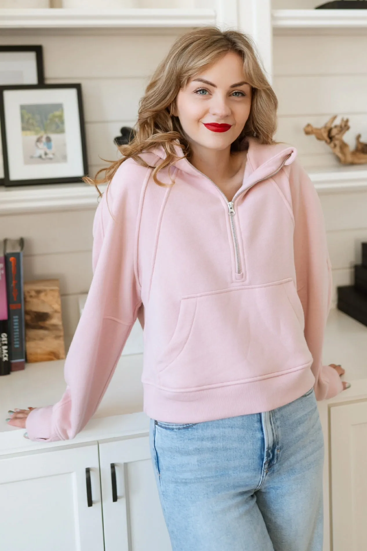 French Terry Quarter Zip Up Hoodie - Pink