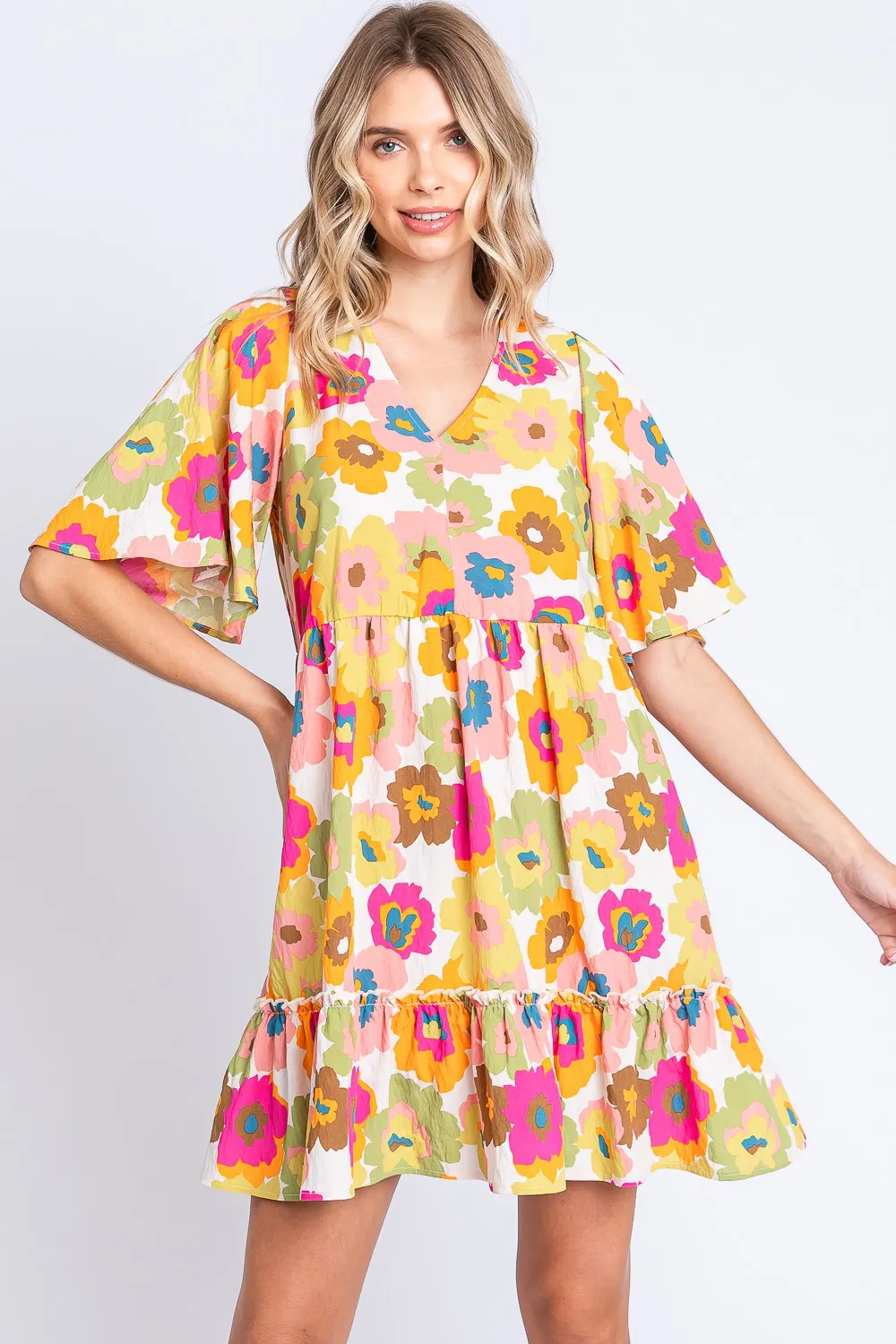 Full Size Floral V-Neck Ruffle Trim Mini Dress