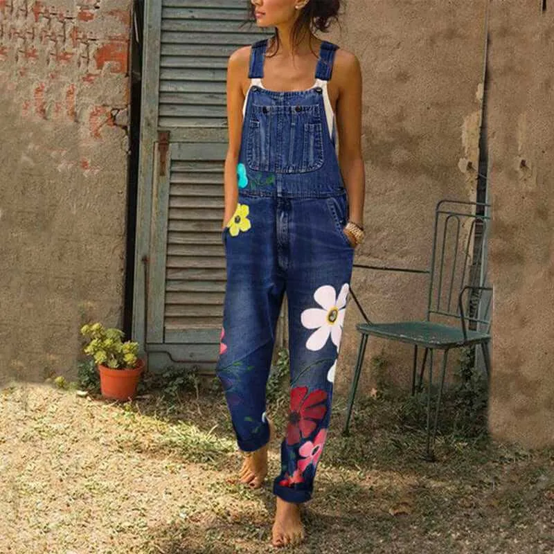 Glow Chic's Floral Print Denim Jumpsuit With Pockets