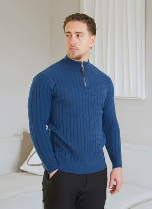 Half-Zip Cable Knit Sweater - Blue