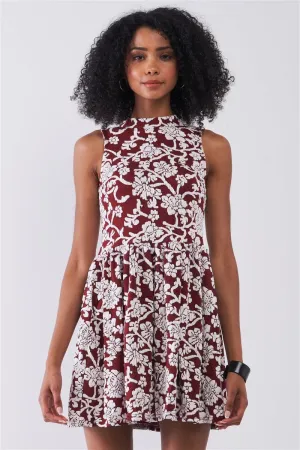 Hot Girl Floral Crew Neck Sleeveless Fitted Mini Dress In Burgundy & White