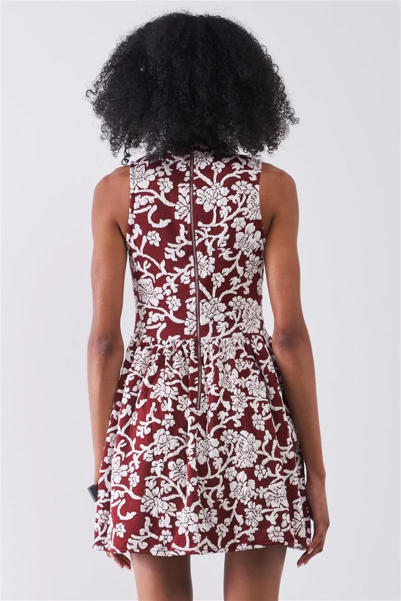 Hot Girl Floral Crew Neck Sleeveless Fitted Mini Dress In Burgundy & White