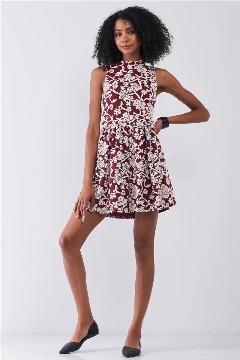 Hot Girl Floral Crew Neck Sleeveless Fitted Mini Dress In Burgundy & White