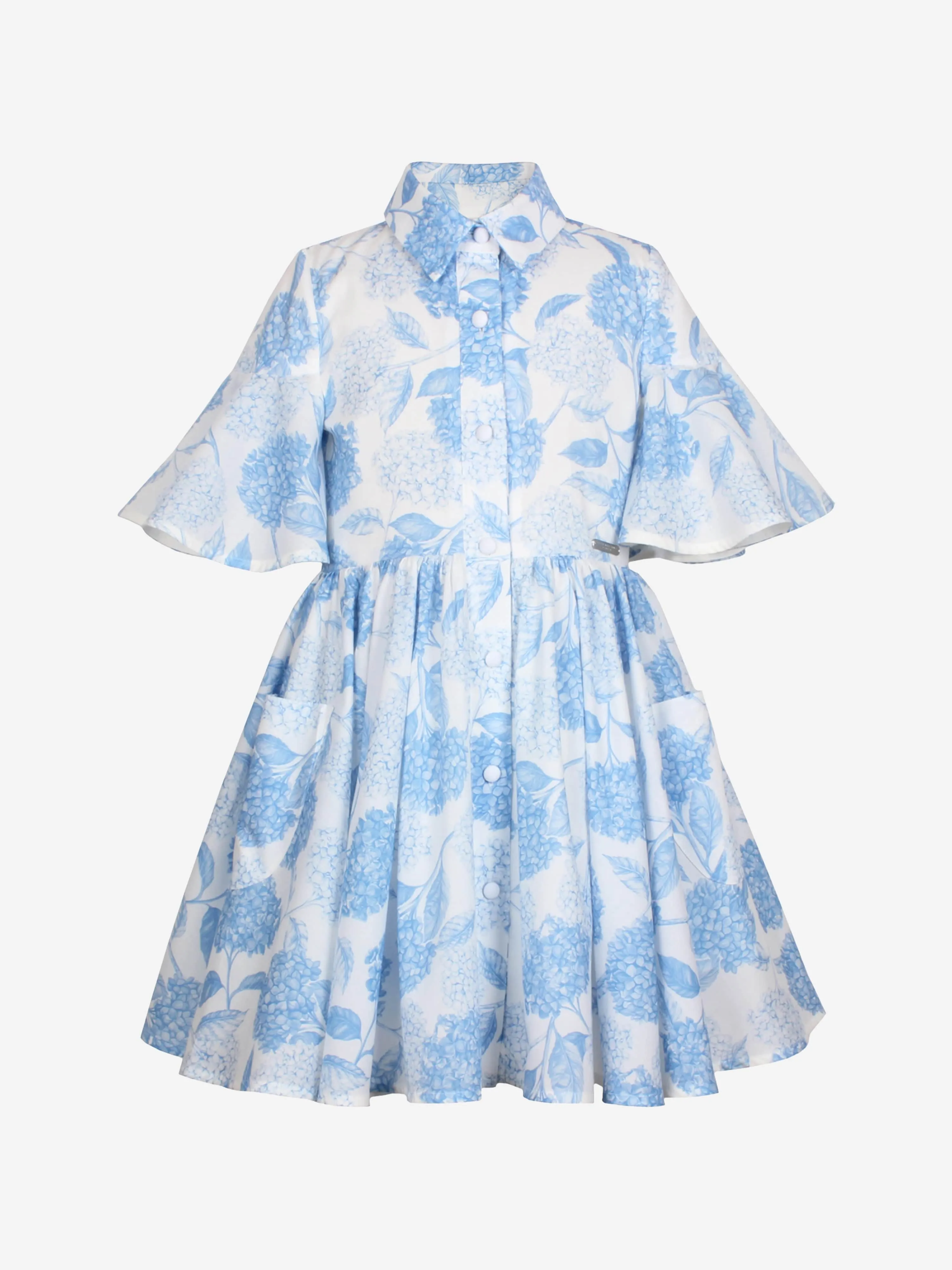 Jessie And James Girls Hydrangea Print Shirt Dress in Blue