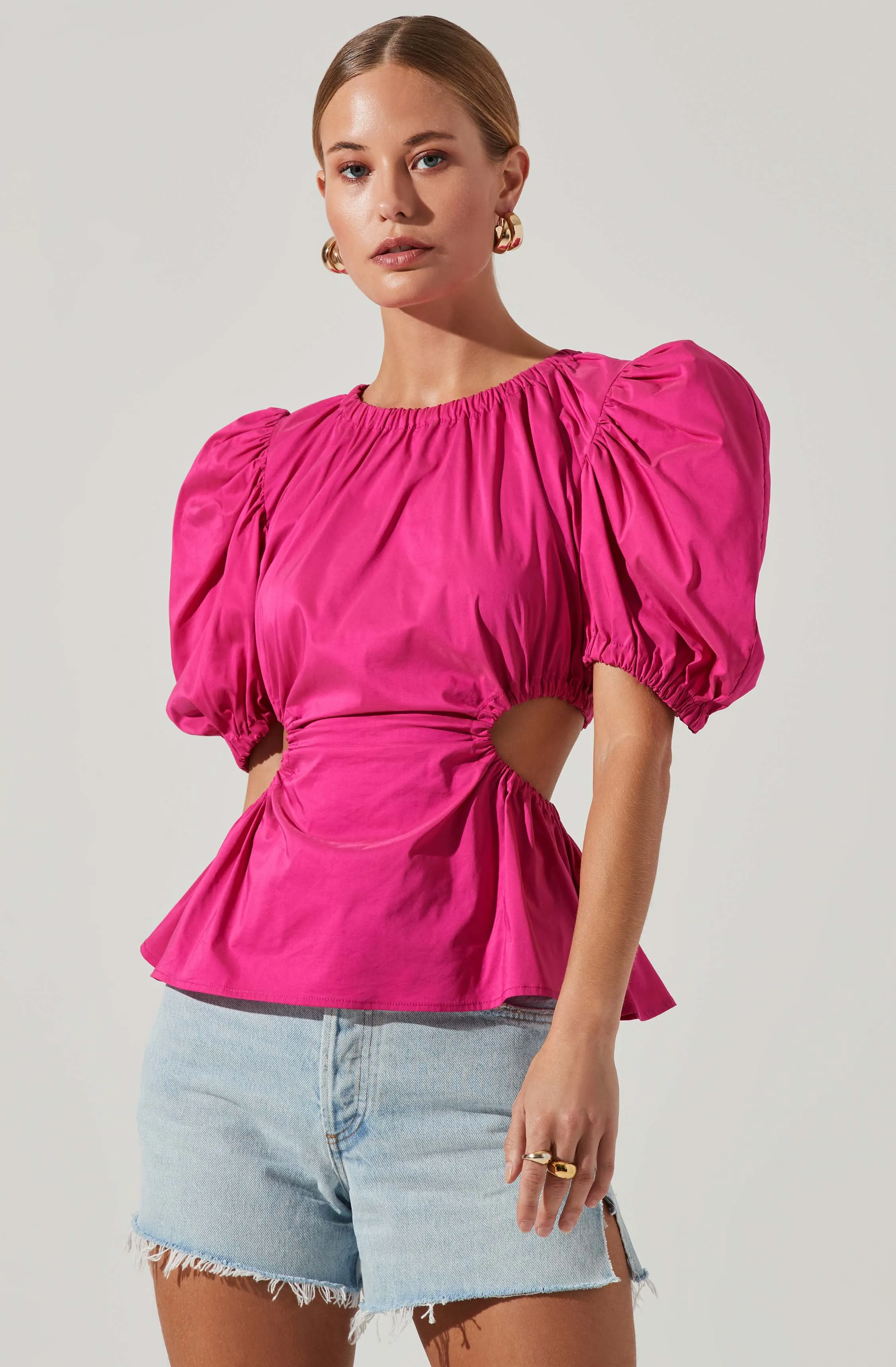 Juno Side Cutout Puff Sleeve Peplum Top