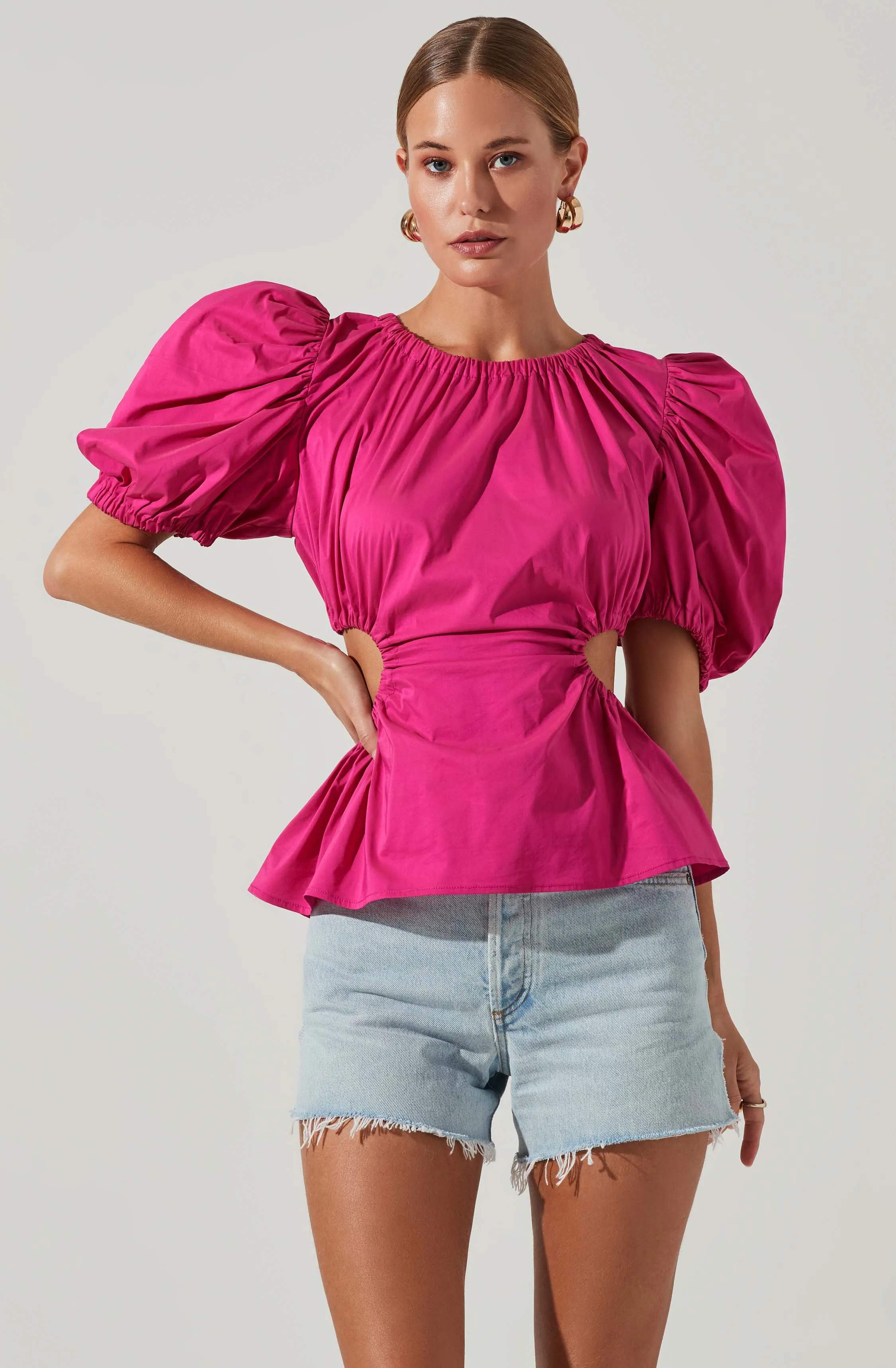 Juno Side Cutout Puff Sleeve Peplum Top