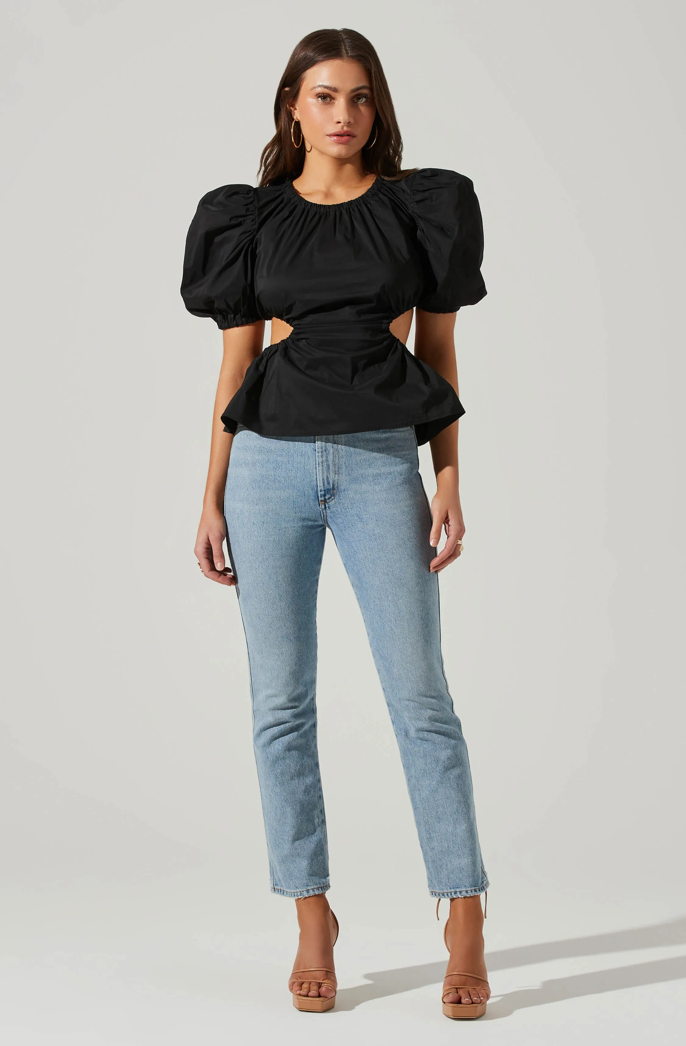 Juno Side Cutout Puff Sleeve Peplum Top