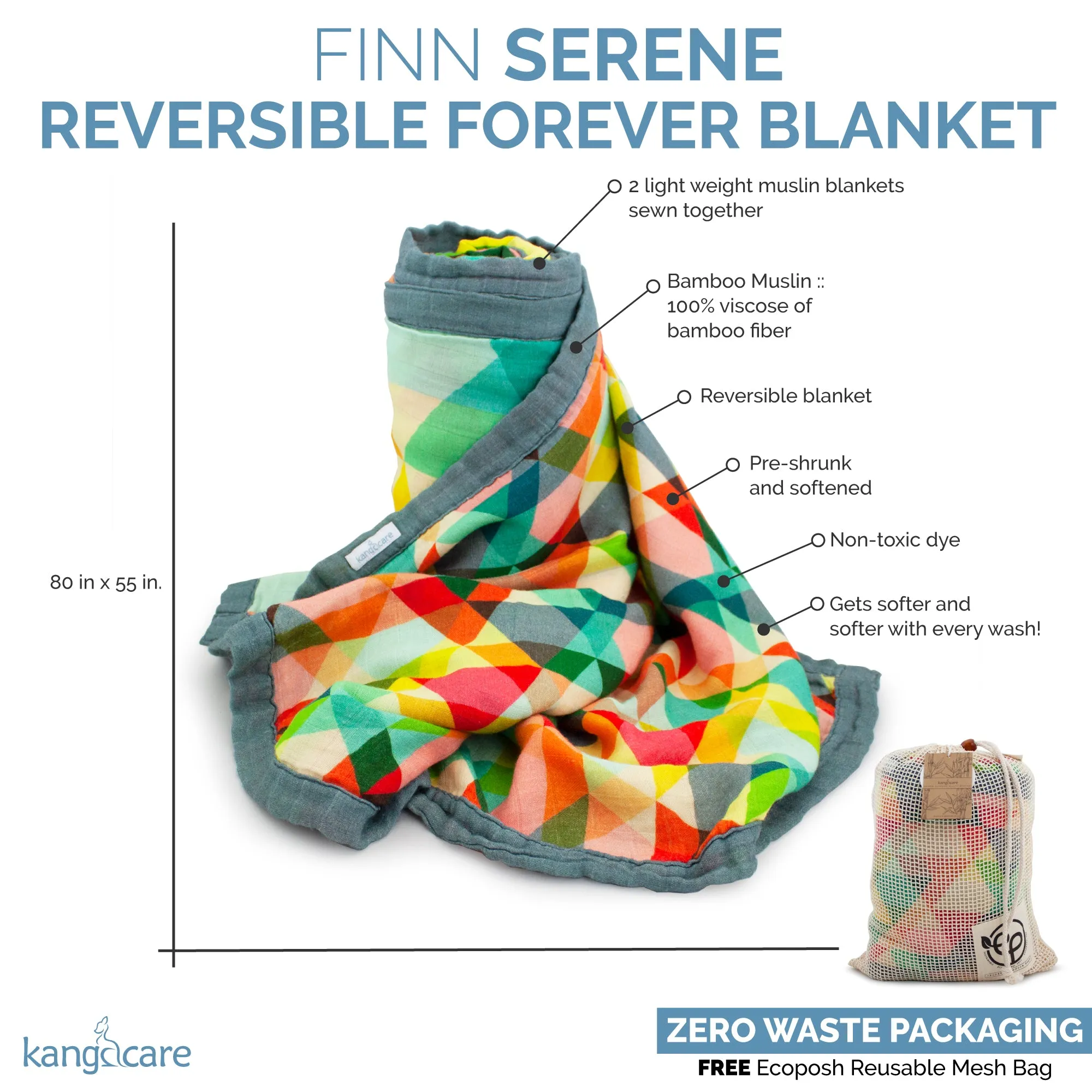 Kanga Care Bamboo Muslin Blanket - Forever: Finn (reversible)