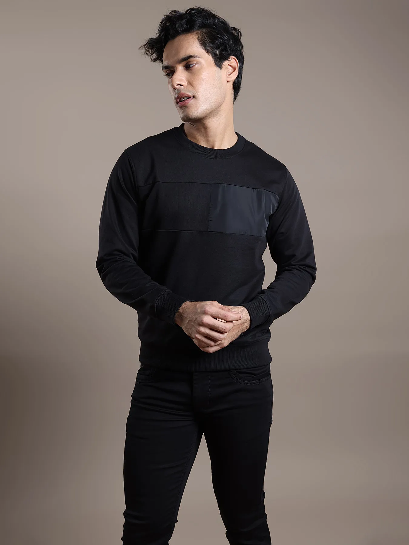 Knitted Navy Blue Self Design Regular Fit Full Sleeve Casual Sweatshirt