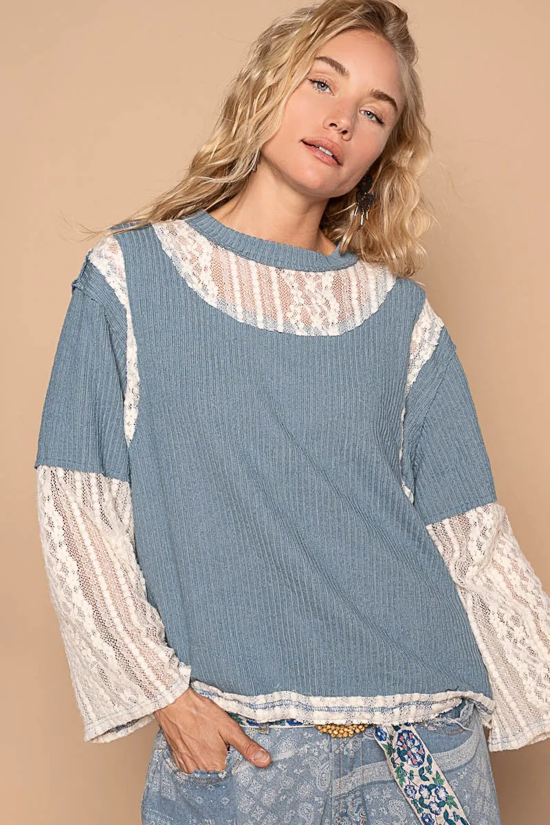 Lace Panel Round Neck Long Sleeve Top