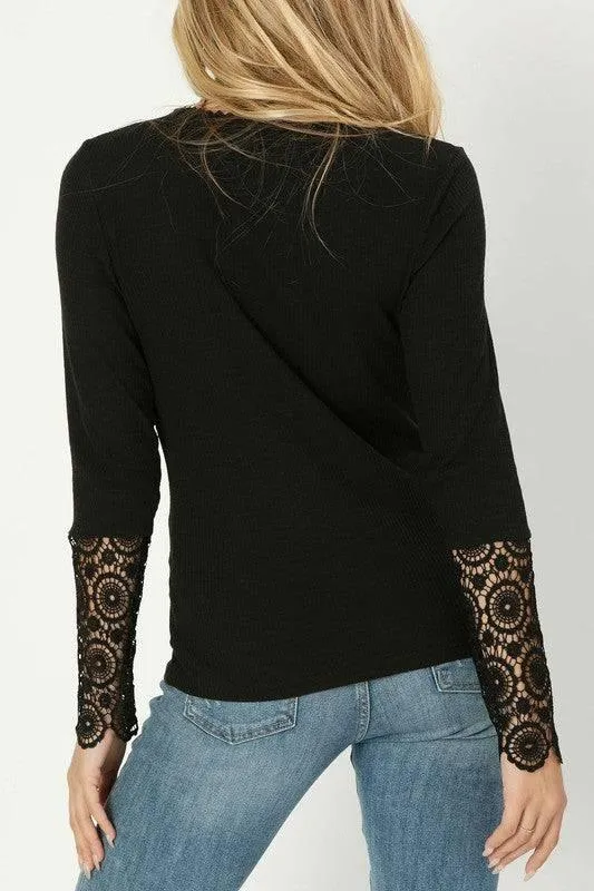 Lace Trim Sleeve Henley Top