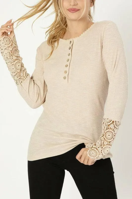 Lace Trim Sleeve Henley Top