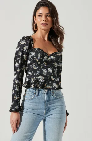 Long Sleeve Sweetheart Cinch Bust Floral Top