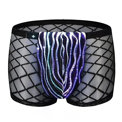 Lumisonata Men's Underwear Led Sexy Boxer Briefs Light Up Mesh Lace Panties Luminous Swimsuit Glow Breathable Low Rise Shorts for Men(Black)