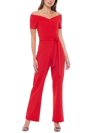 Marina Off-shoulder short sleeve zipper back tie waist solid stretch crepe jumpsuit