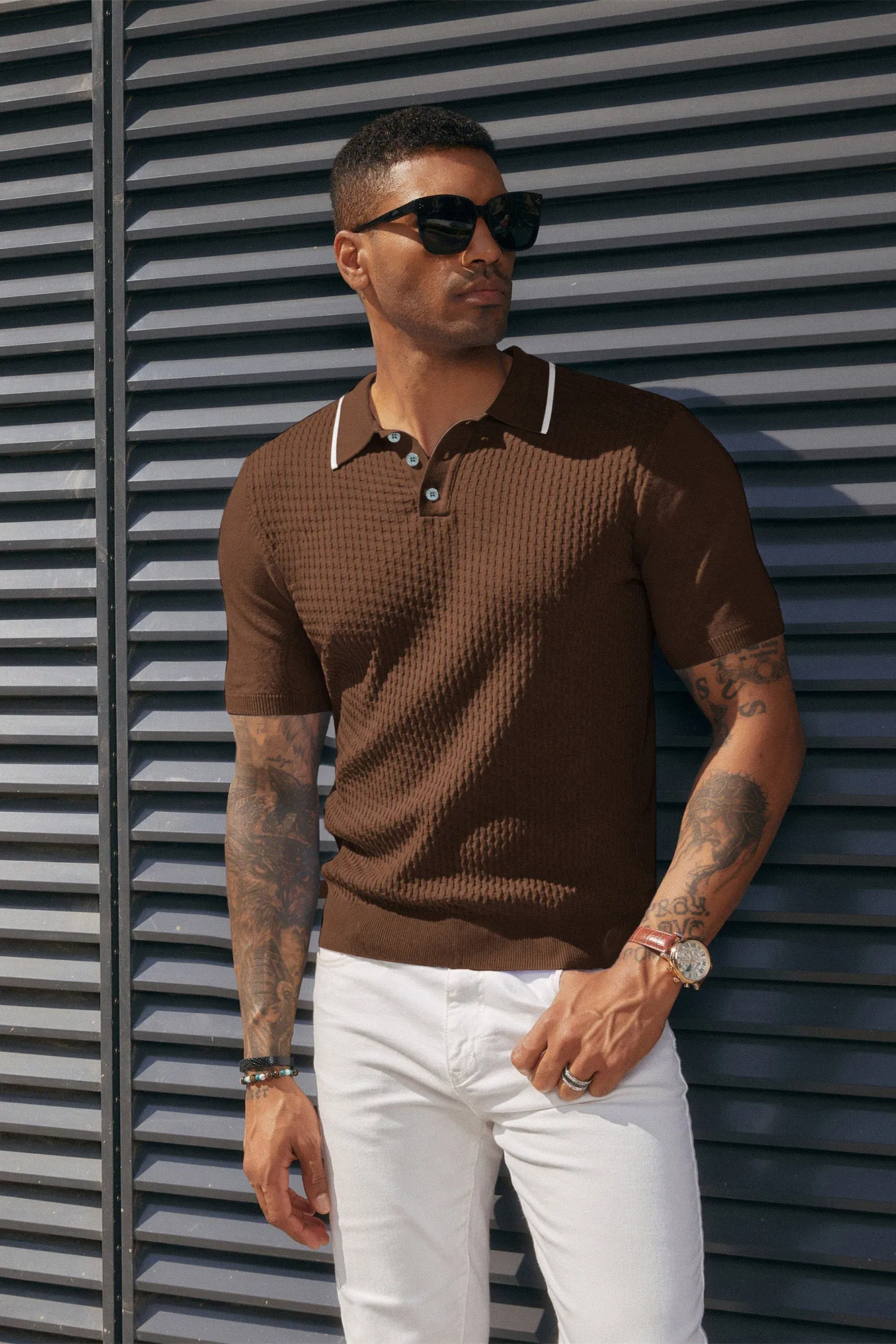 Men's Short Sleeve Knit Polo Shirts Waffle Texture Knit Shirt