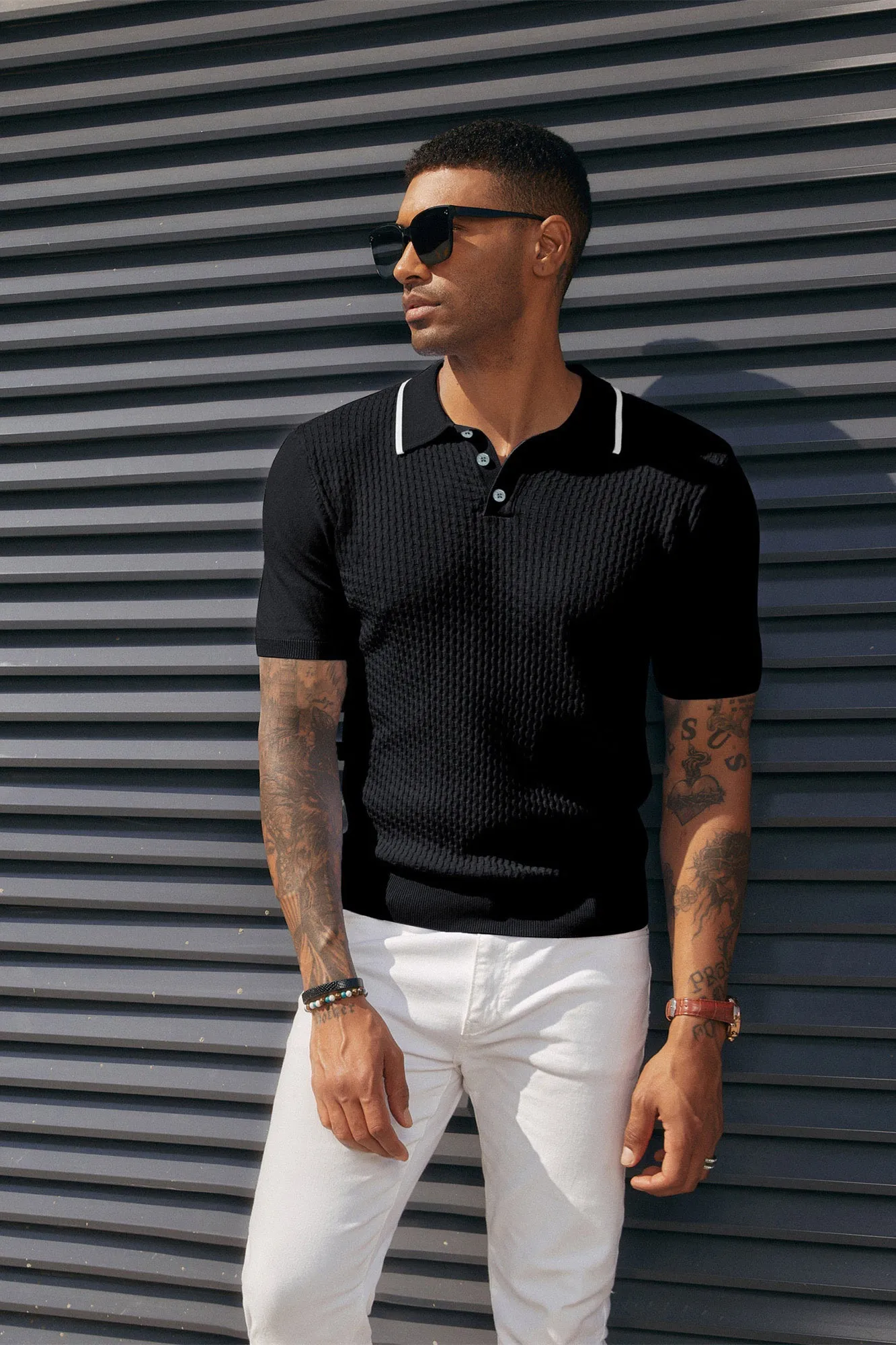 Men's Short Sleeve Knit Polo Shirts Waffle Texture Knit Shirt