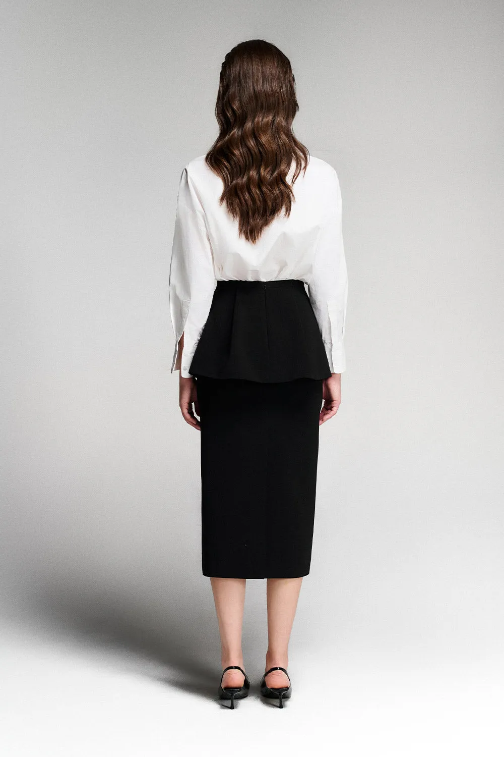 Merrily Peplum Flap Pocket Twill Calf Length Skirt