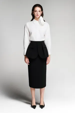 Merrily Peplum Flap Pocket Twill Calf Length Skirt