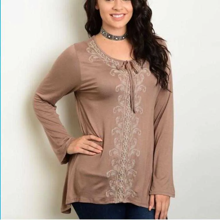 Mocha Light  with a Bohemian Flare Embroidered Tunic Plus Size