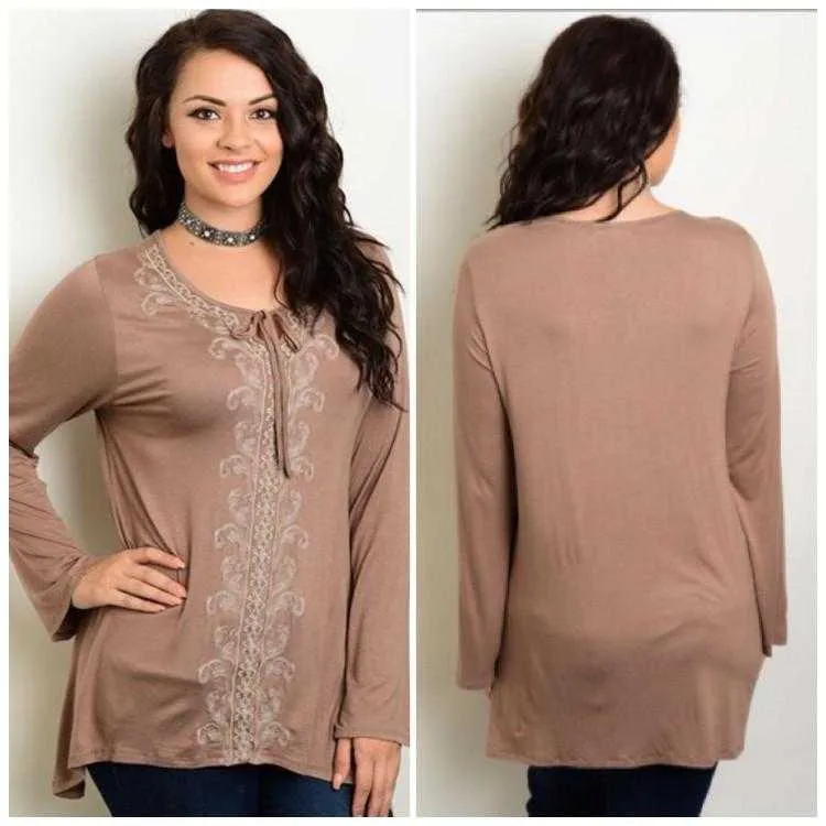 Mocha Light  with a Bohemian Flare Embroidered Tunic Plus Size