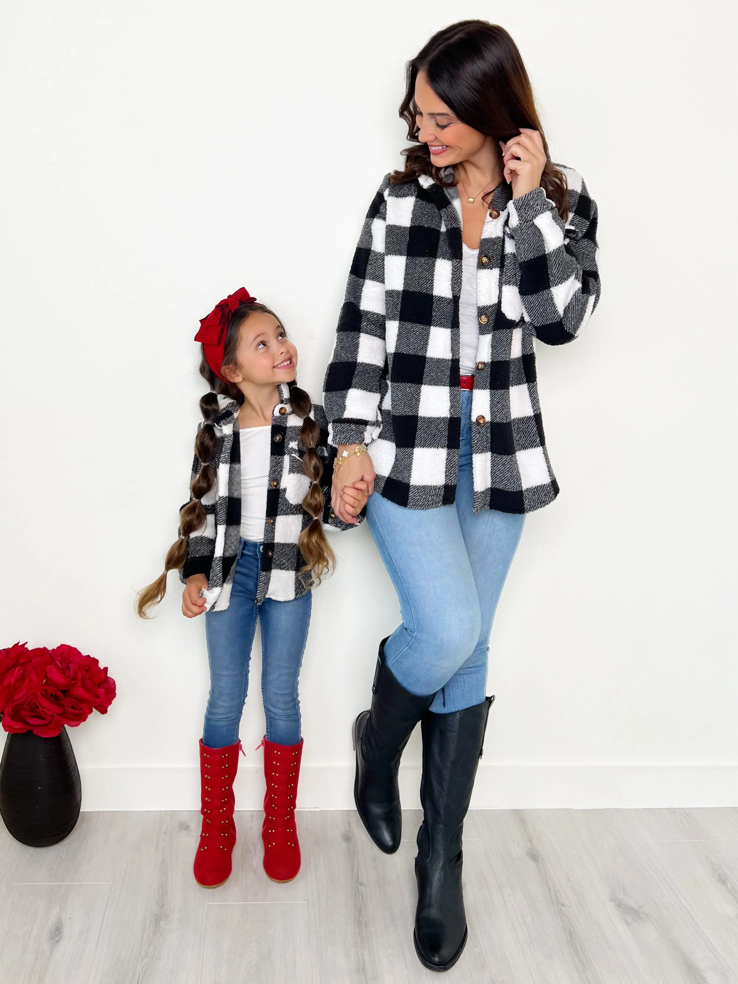 Mommy And Me Black And White Buffalo Plaid Sherpa Shacket