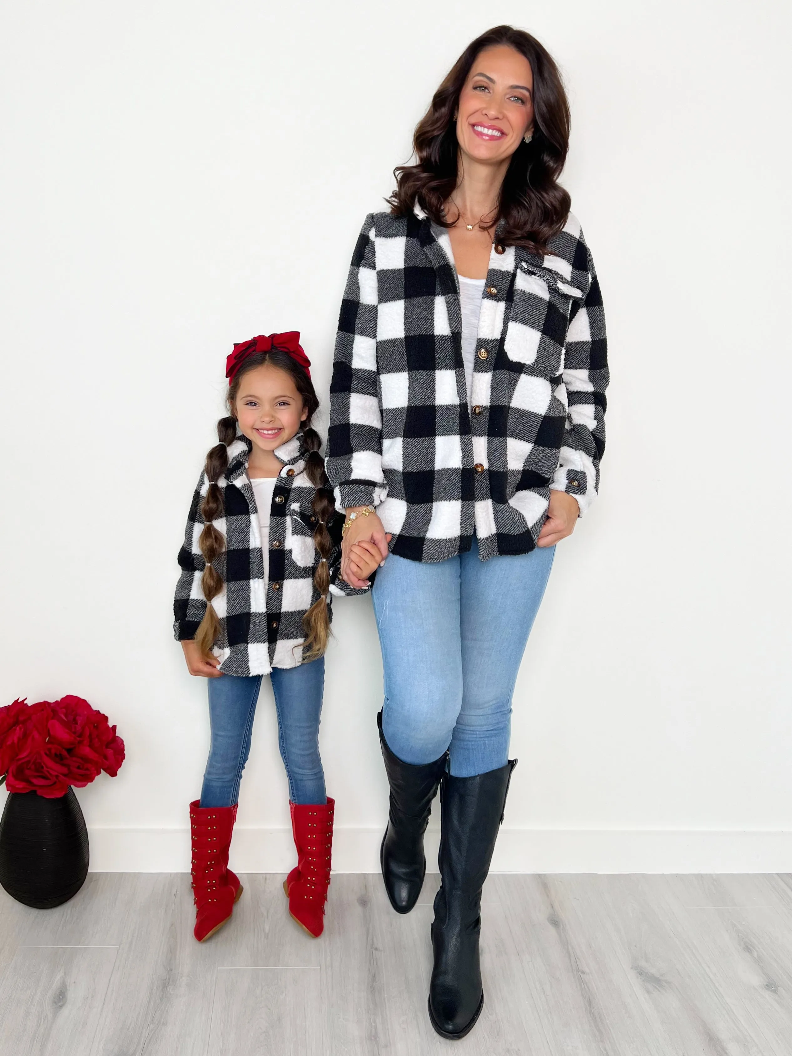 Mommy And Me Black And White Buffalo Plaid Sherpa Shacket