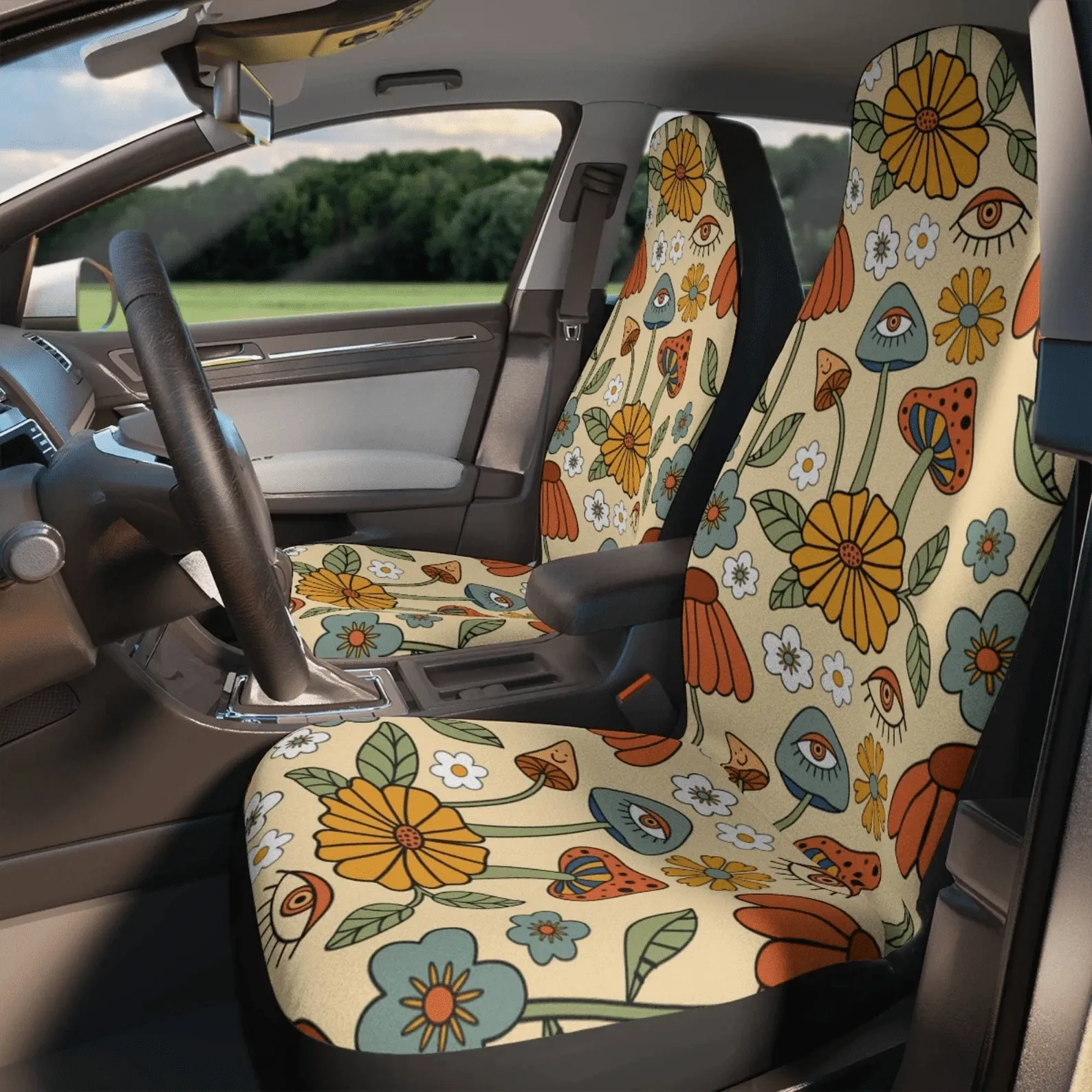 Mushroom Car Seat Covers For Women Universal Fit, Retro Boho Floral Seat Cover