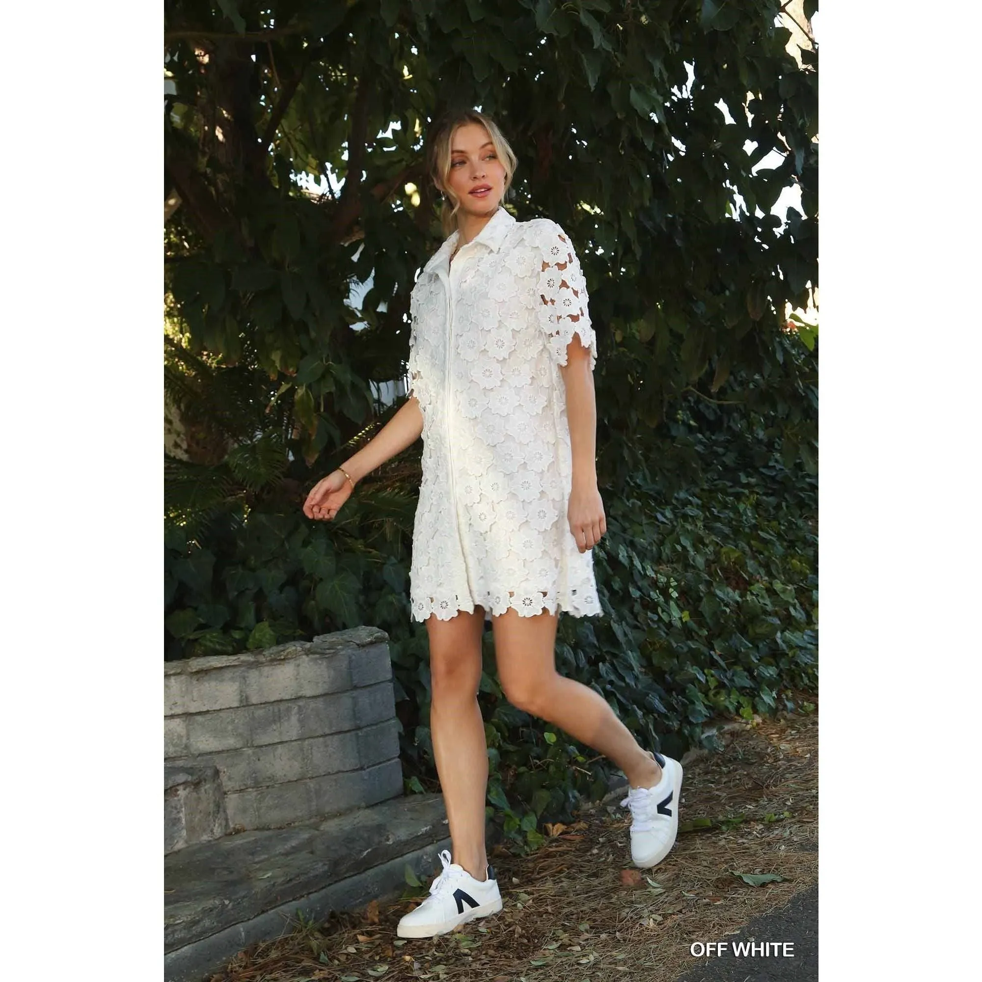 Off White Collared Button Down Floral Crochet Lace Dress