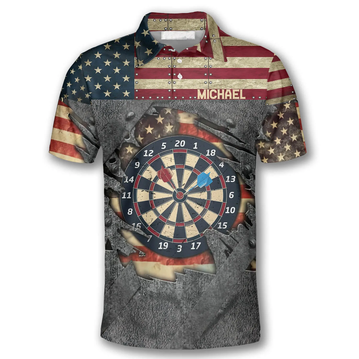 Personalized Custom Name Darts Retro American Flag Custom Polo Shirts for Men