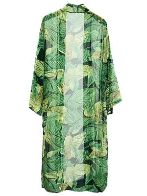 Picnic Partywear Leaf Print Green Color Polyester Long Length Gown Kimono Duster Robe