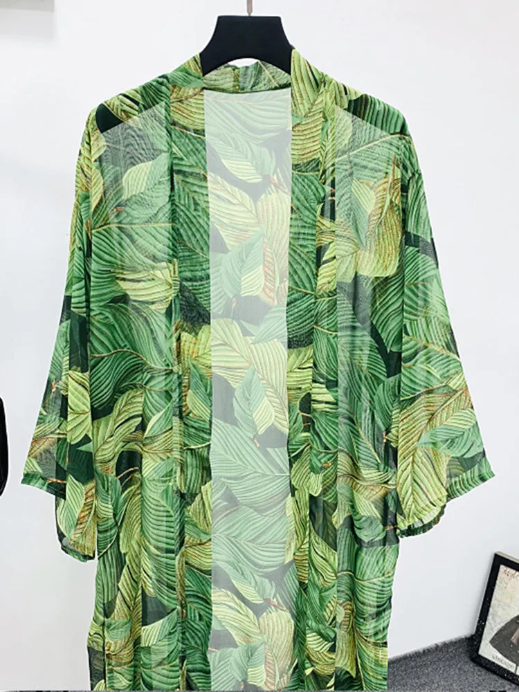 Picnic Partywear Leaf Print Green Color Polyester Long Length Gown Kimono Duster Robe