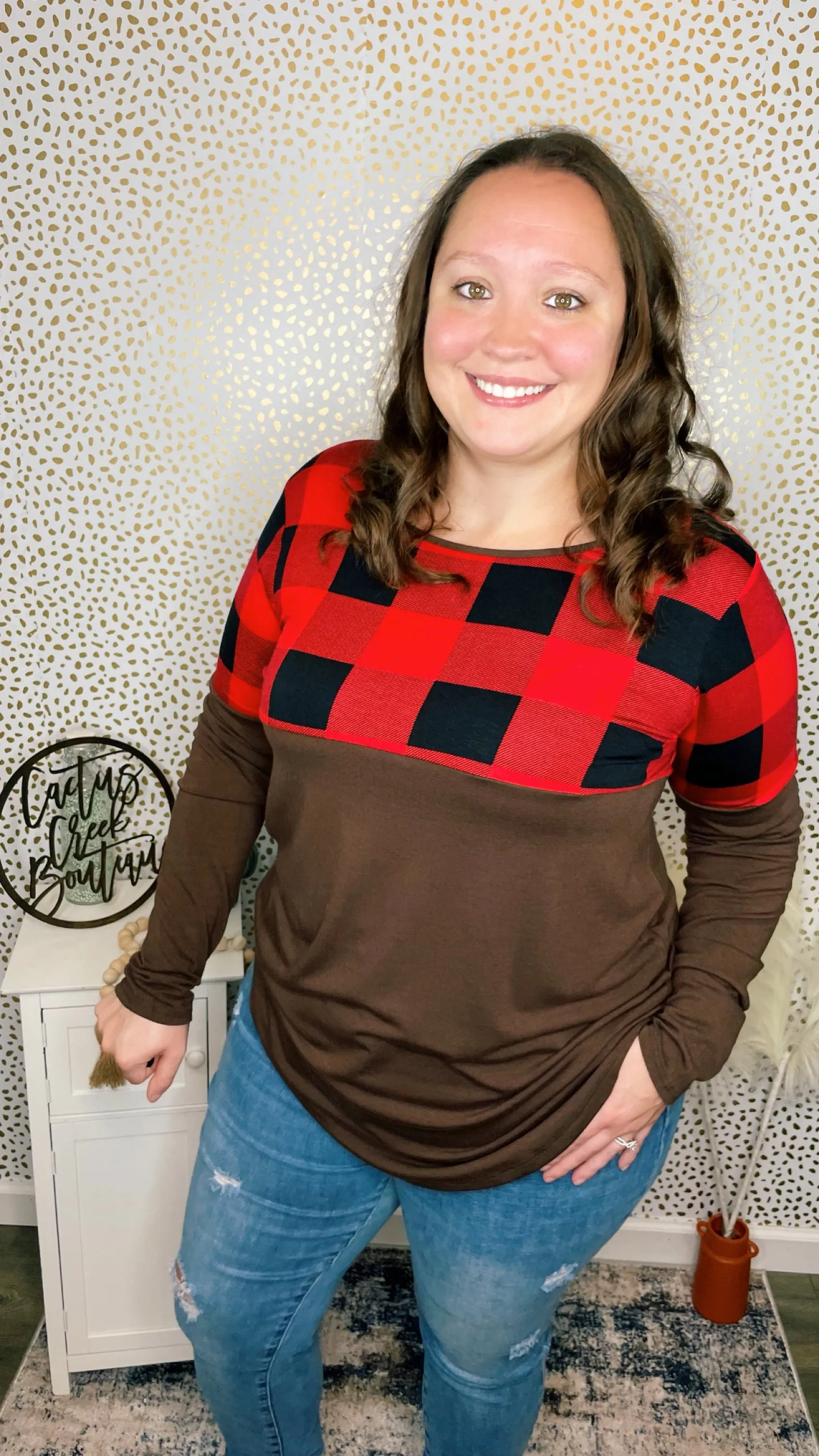 Plaid Color Block Long Sleeve Mocha