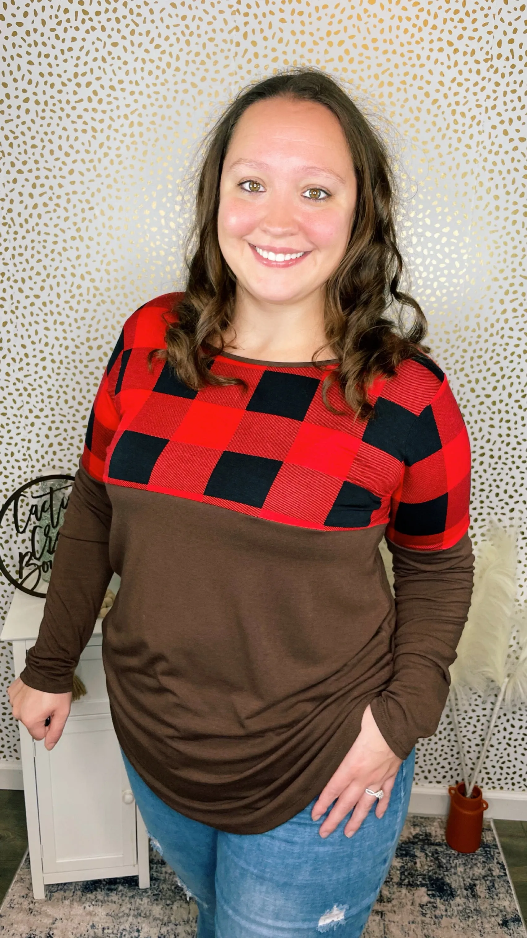 Plaid Color Block Long Sleeve Mocha