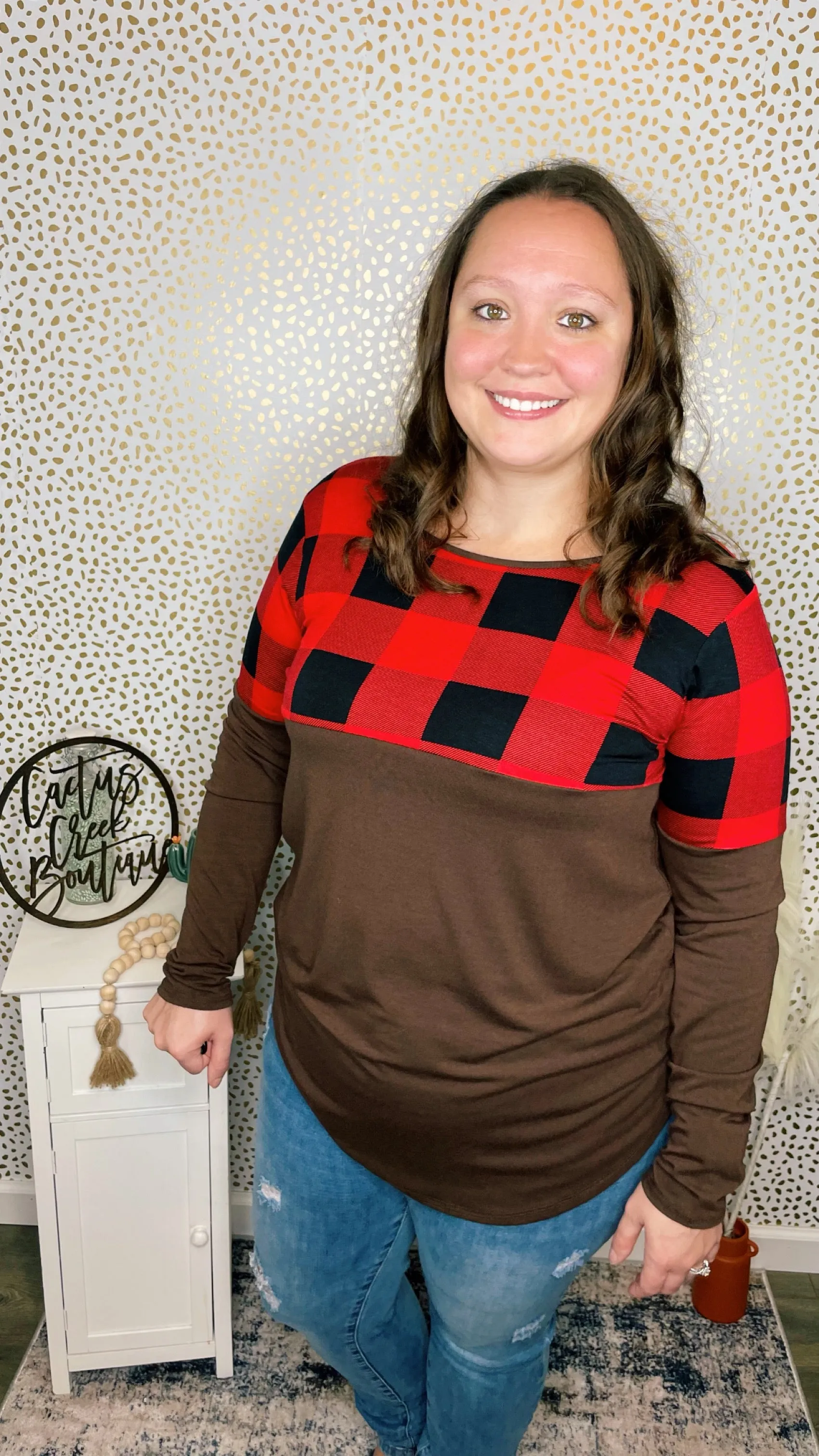 Plaid Color Block Long Sleeve Mocha