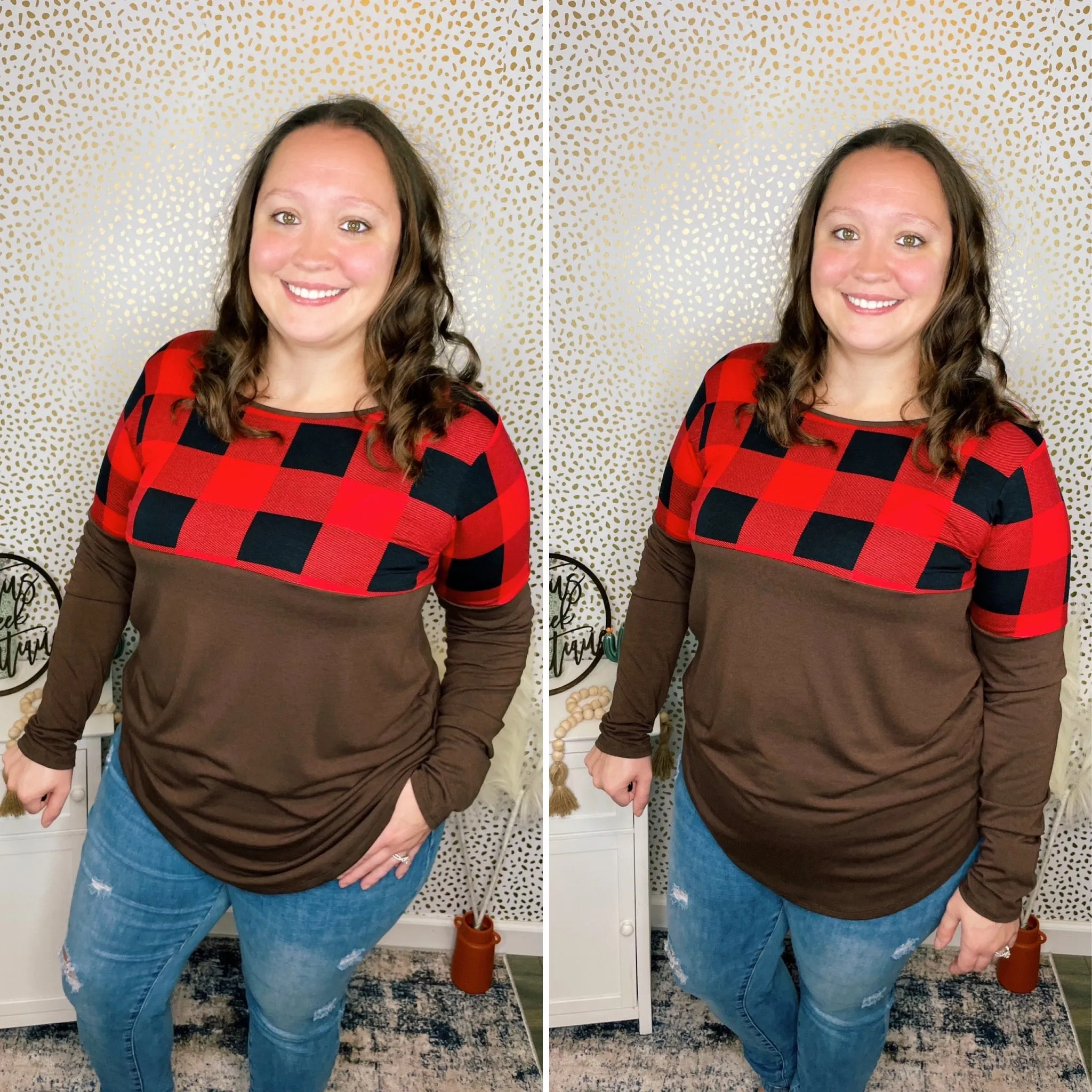 Plaid Color Block Long Sleeve Mocha